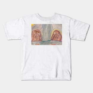 Waterfall with flowing into a River between Two Huts Kids T-Shirt